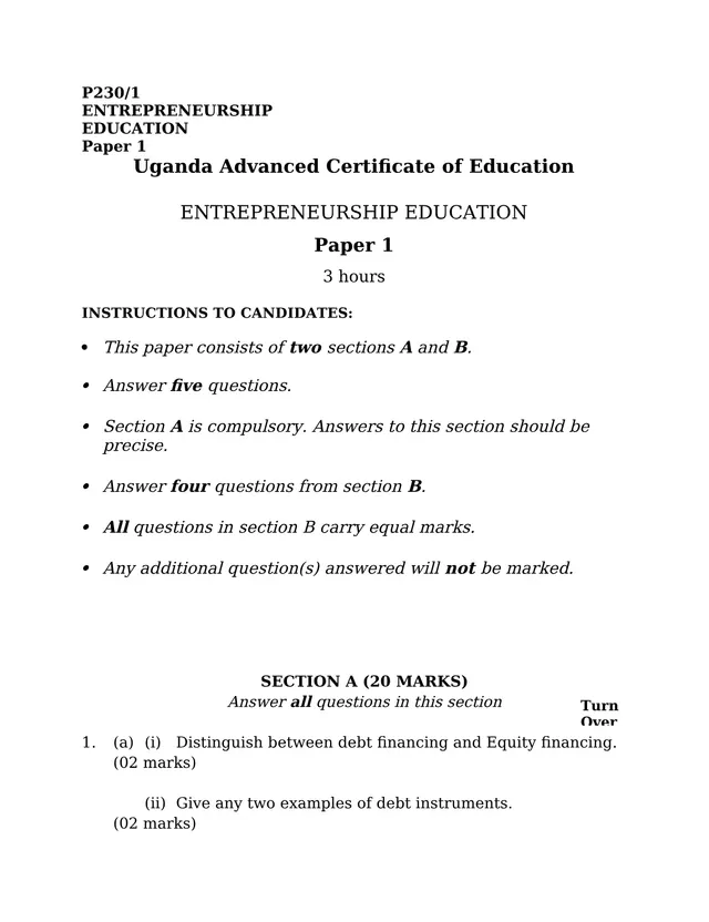 Cover of UACE Entrepreneurship Education Paper 1 (P230/1) (S6 Entrepreneurship Past Paper)