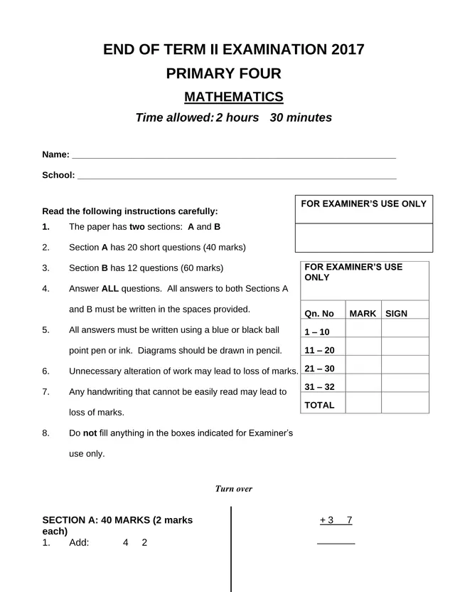 Cover of P4 Mathematics End of Term II Examination 2017 (P4 Mathematics Past Paper)