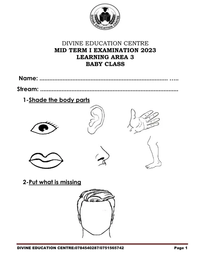 Cover of Baby Class Learning Area 3 Mid Term 1 Examination 2023 (Baby Past Paper)