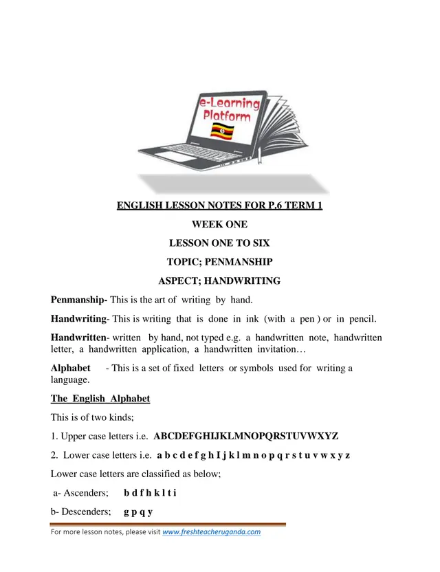Cover of P.6 English Lesson Notes – Term One (P5 English Notes)