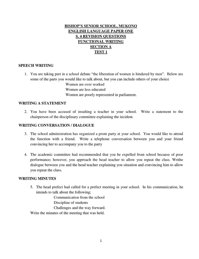 Cover of S4 English Paper 1 Functional Writing Revision Questions – Bishop's Senior School Mukono (S4 English Past Paper)