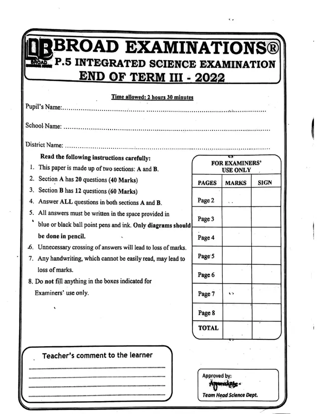 Cover of Primary 5 Science End of Term 3 Examination 2022 (Broad Educational Consult) (P5 Science Past Paper)