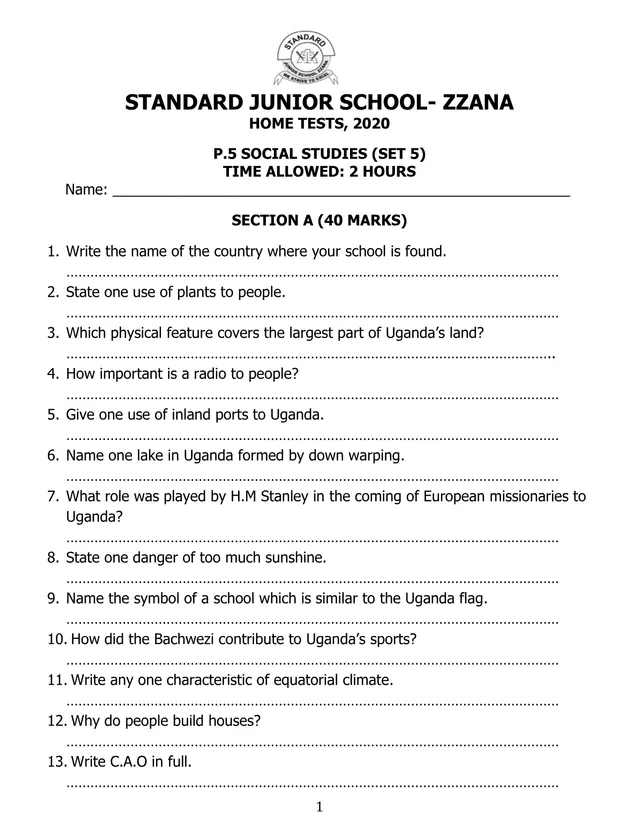 Cover of P.5 Social Studies Home Test Set 5 (2020) – Standard Junior School Zzana (P5 Social Studies Past Paper)