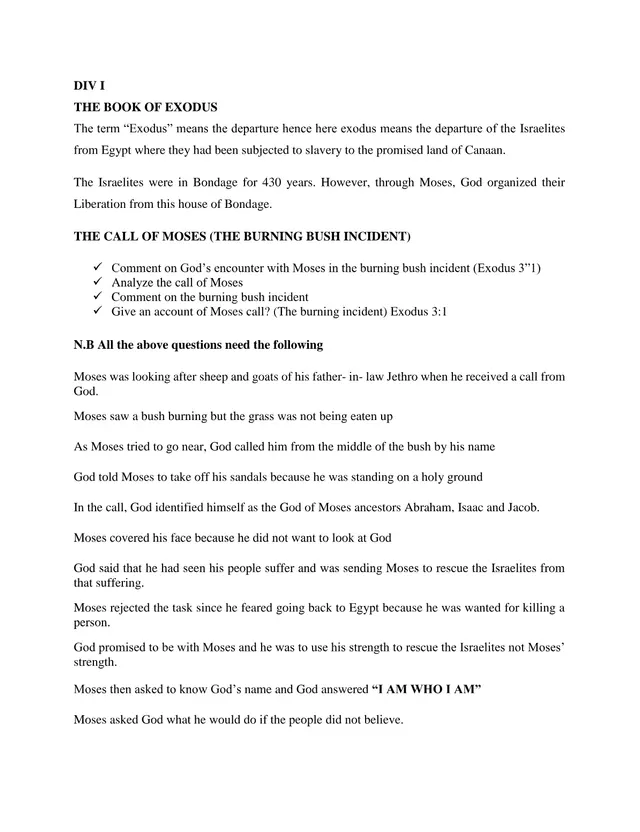 Cover of Religious Education Notes on Exodus and the Call of Moses (S5 Fine Art Notes)
