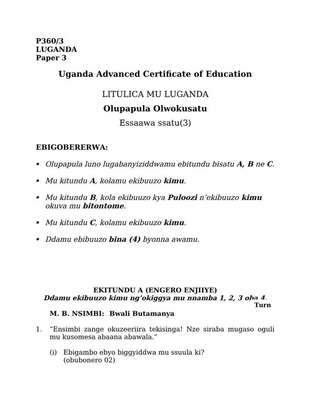 Cover of UACE Luganda Paper 3 (P360/3): Literature in Luganda (S6 Luganda Past Paper)
