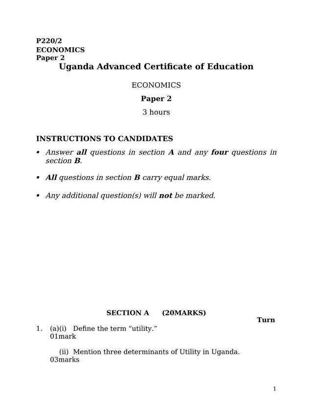 Cover of UACE Economics Paper 2 (P220/2) Exam Paper (Economics Past Paper)