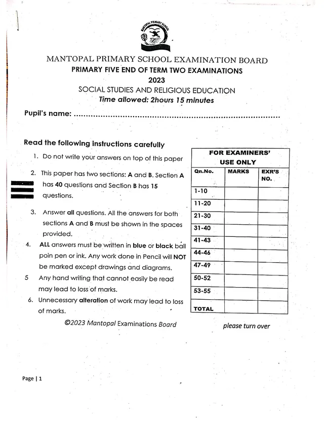 Cover of Mantopal P5 Social Studies & RE End of Term 2 Exam 2023 (P5 Social Studies Past Paper)