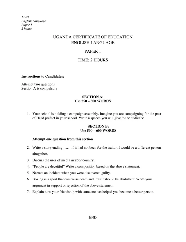 Cover of UCE English Language Paper 1 (112/1) Set H – Composition and Speech Writing (P1 English Past Paper)