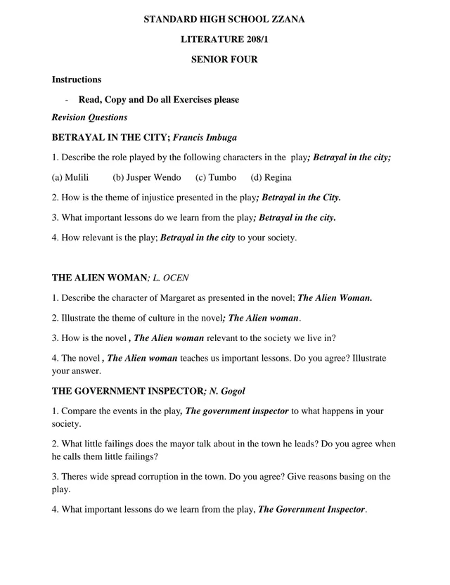 Cover of Senior Four Literature Paper 1 (208/1) Revision Questions – Standard High School Zzana (S4 Literature Worksheet)
