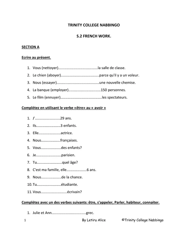 Cover of Senior 2 French Grammar Worksheet (S2 French Worksheet)