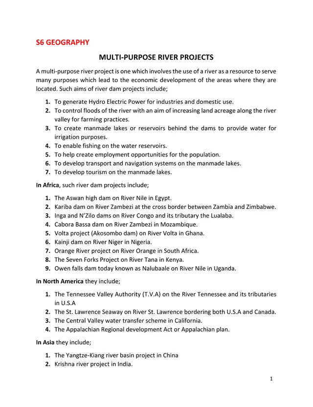 Cover of Multi-Purpose River Projects – S6 Geography Notes (S6 Geography Project)