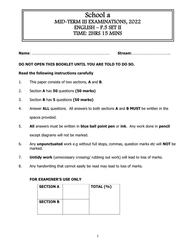 Cover of P.5 English Mid-Term III Examination 2022 (Set II) (P5 English Past Paper)