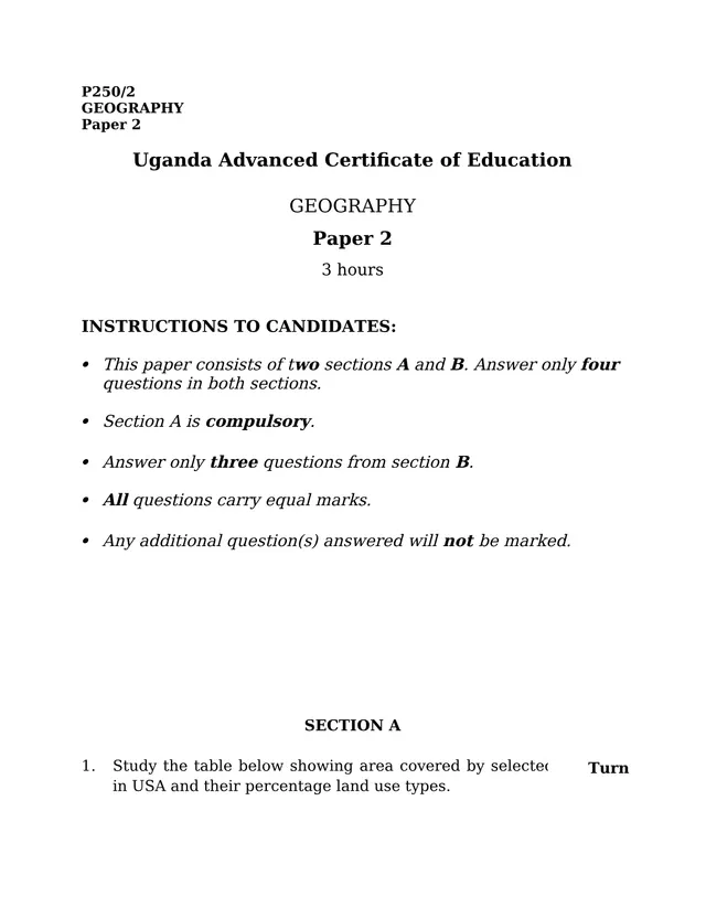 Cover of UACE Geography Paper 2 (P250/2): Africa and the Wider World Questions (S6 Geography Past Paper)