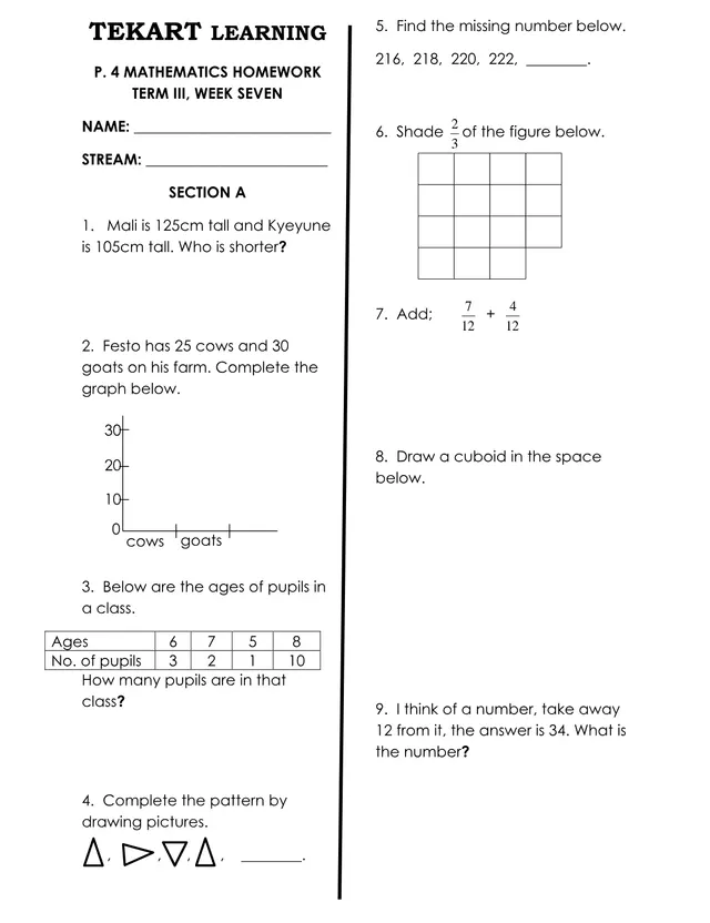 Cover of P.4 Mathematics Homework – Term III, Week Seven (P4 Mathematics Past Paper)