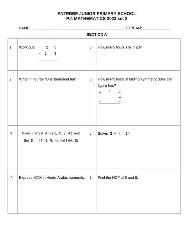 Cover of P.4 Mathematics Exam Paper 2023 Set 2 – Entebbe Junior Primary School (P4 Mathematics Past Paper)