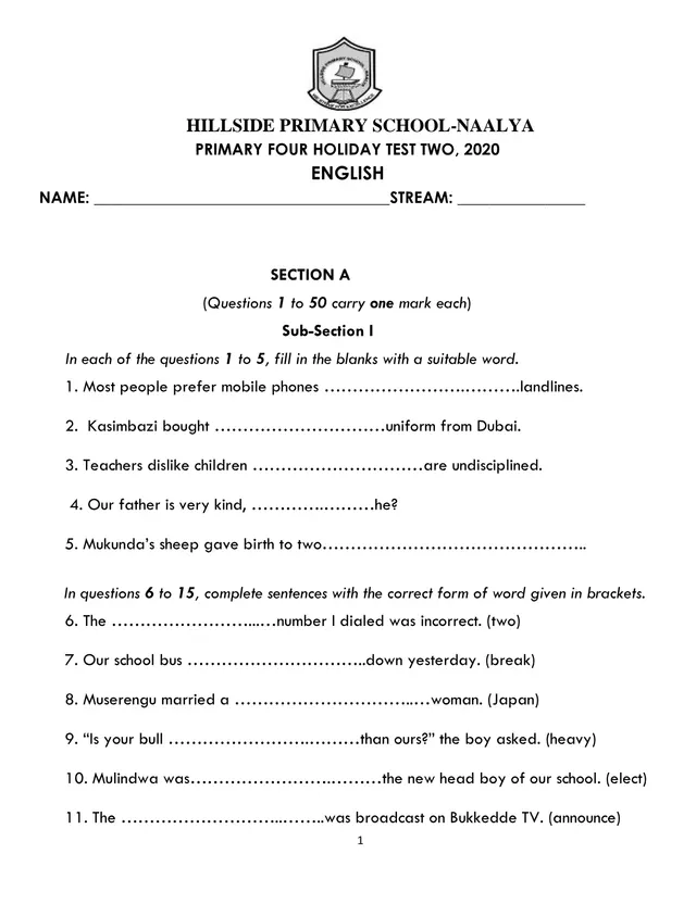 Cover of Primary 5 English Holiday Test Two 2020 – Hillside Primary School Naalya (P5 English Past Paper)