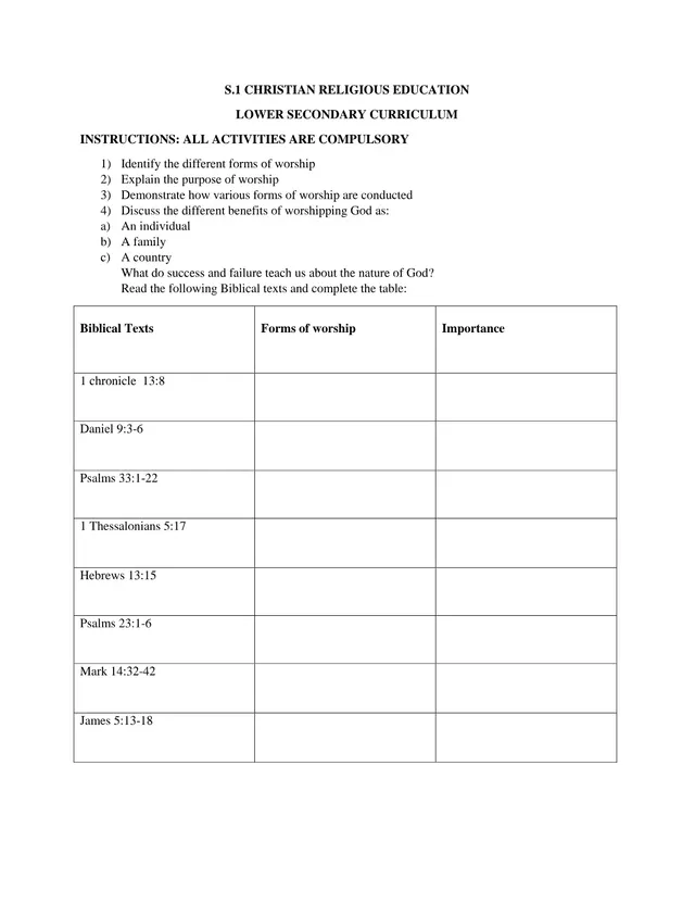 Cover of Senior 1 Christian Religious Education Holiday Activities on Worship (S1 Religious Education Curriculum)
