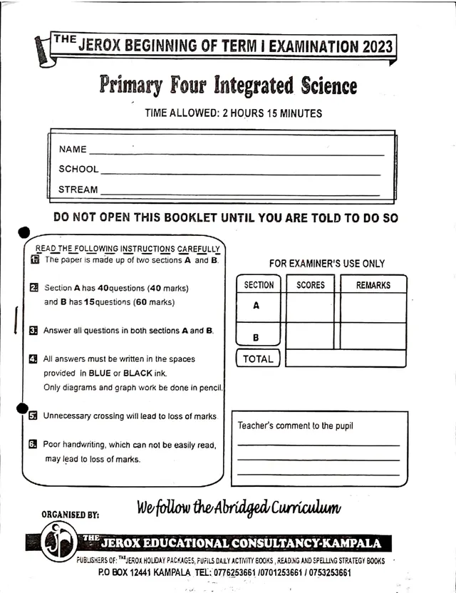 Cover of Jerox Primary Four Integrated Science Beginning of Term 1 Examination 2023 (P4 Science Past Paper)