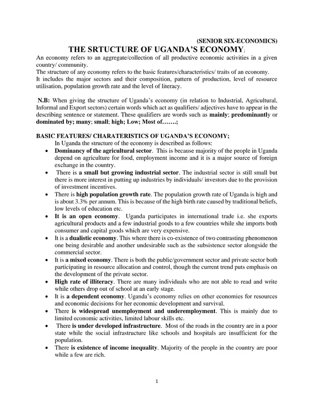 Cover of The Structure of Uganda's Economy – Senior Six Economics Notes (S6 Economics Activity)