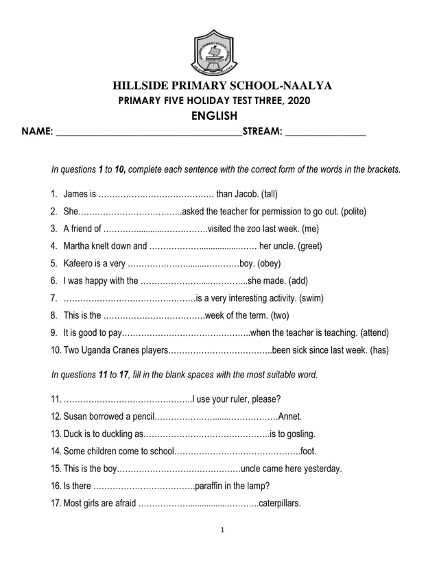 Cover of Primary Five English Holiday Test Three 2020 – Hillside Primary School Naalya (P5 English Past Paper)