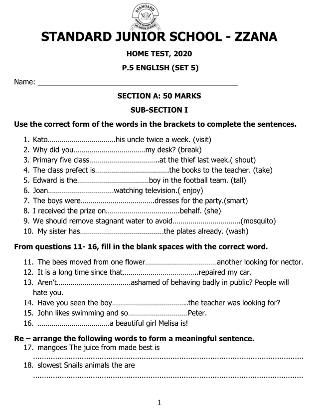 Cover of P.5 English Home Test Set 5, 2020 – Standard Junior School Zzana (P5 English Past Paper)
