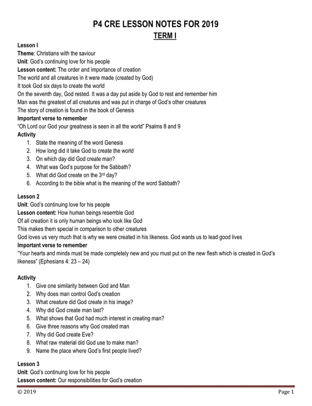 Cover of P4 Christian Religious Education Lesson Notes, Term 1 (2019) (P4 Religious Education Notes)