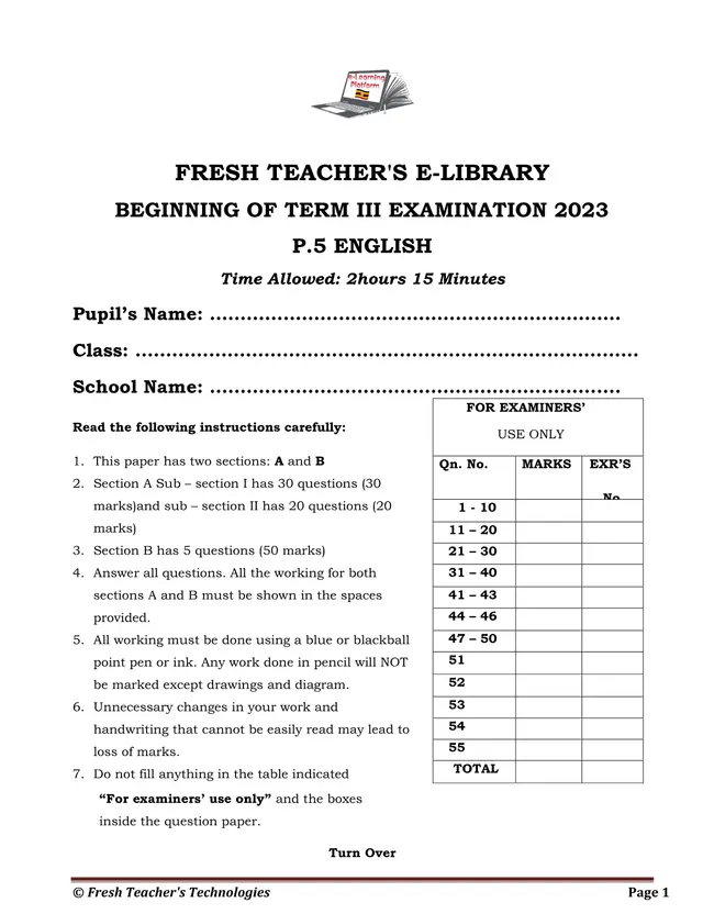 Cover of P.5 English Beginning of Term III Examination 2023 (P5 English Past Paper)