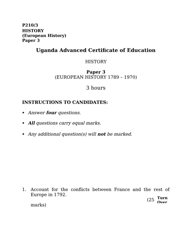 Cover of UACE History Paper 3 (P210/3): European History 1789–1970 (S6 History Past Paper)