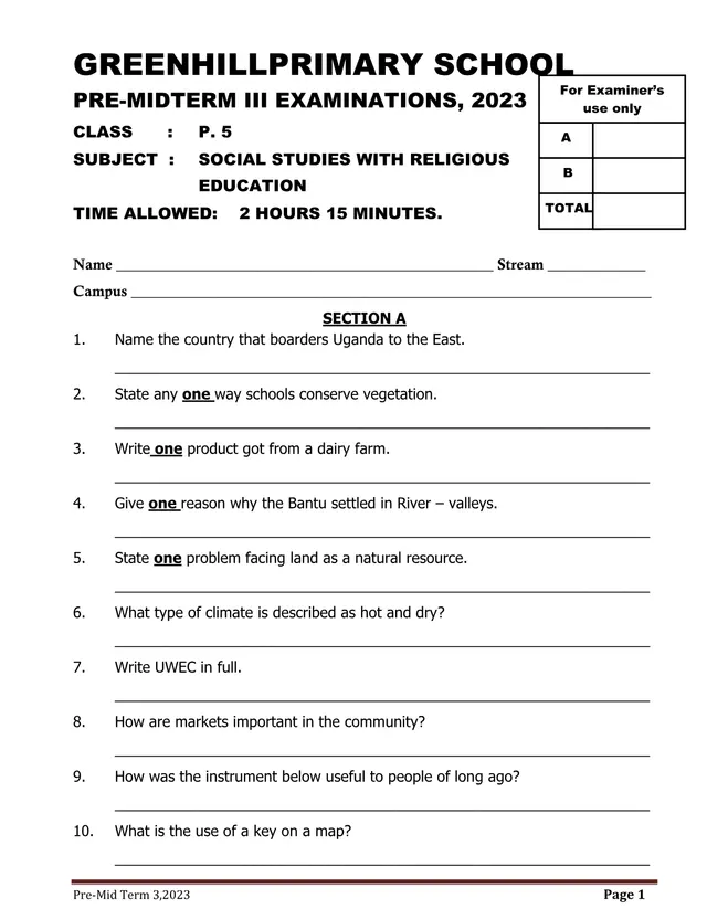 Cover of P5 Social Studies with RE Pre-Midterm III Exam 2023 – Greenhill Primary School (P5 Social Studies Past Paper)
