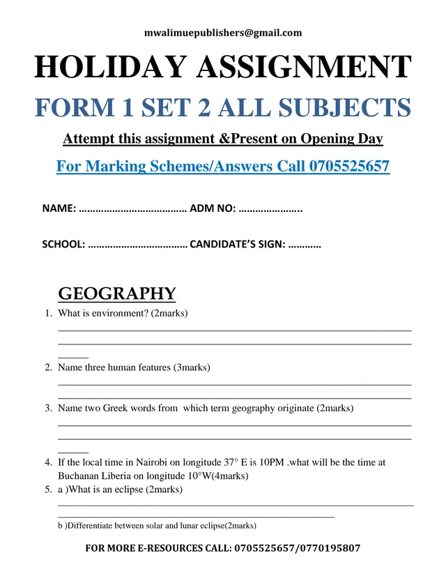 Cover of Form 1 Holiday Assignment Set 2 – All Subjects (Kenyan Curriculum) (S1 Geography Holiday Package)