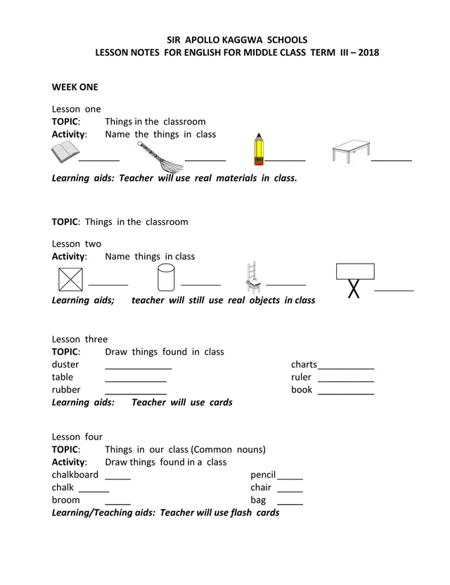 Cover of Middle Class English Lesson Notes, Term 3, 2018 – Sir Apollo Kaggwa Schools (Baby English Notes)