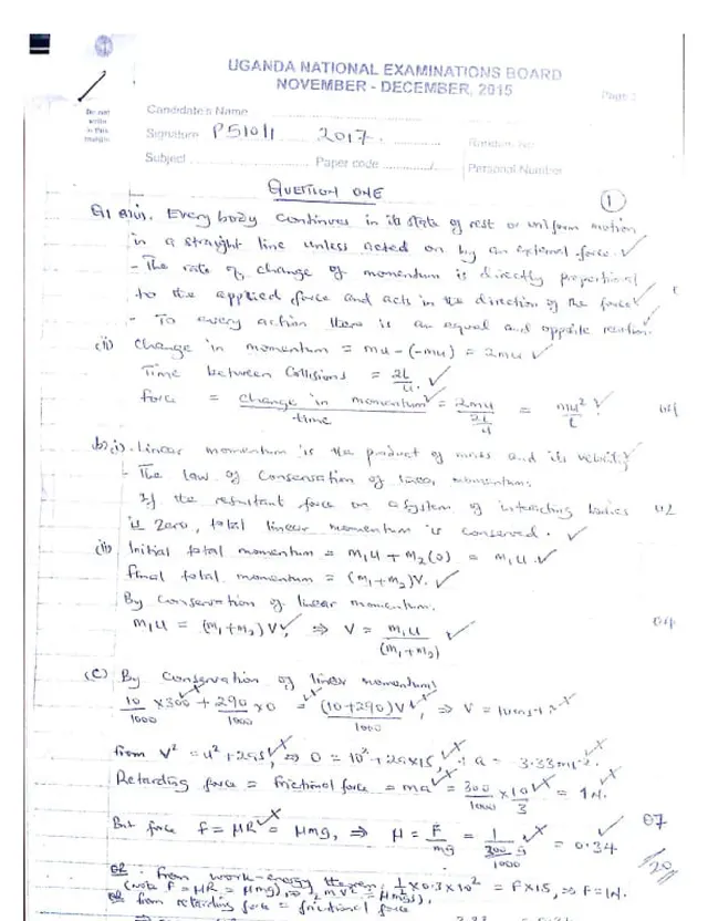 Cover of UACE Physics Marking Guide I (Handwritten Answers, 2015) (S6 Physics Marking Guide)