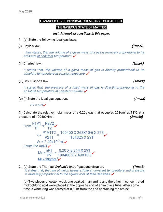 Cover of A-Level Physical Chemistry Topical Test: The Gaseous State of Matter (May 2020) (Chemistry Topical Questions)