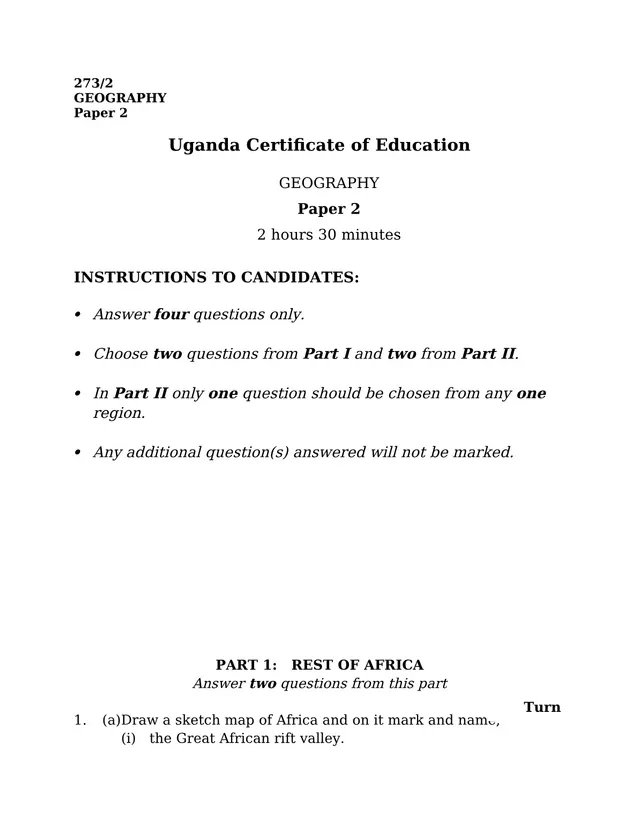 Cover of UCE Geography Paper 2 (273/2): Rest of Africa and Studies in Development (S4 Geography Past Paper)