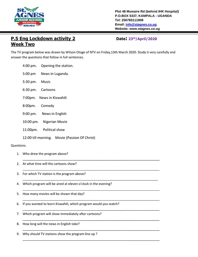 Cover of P5 English Lockdown Activity 2: Reading a TV Programme (April 2020) (P5 English Past Paper)