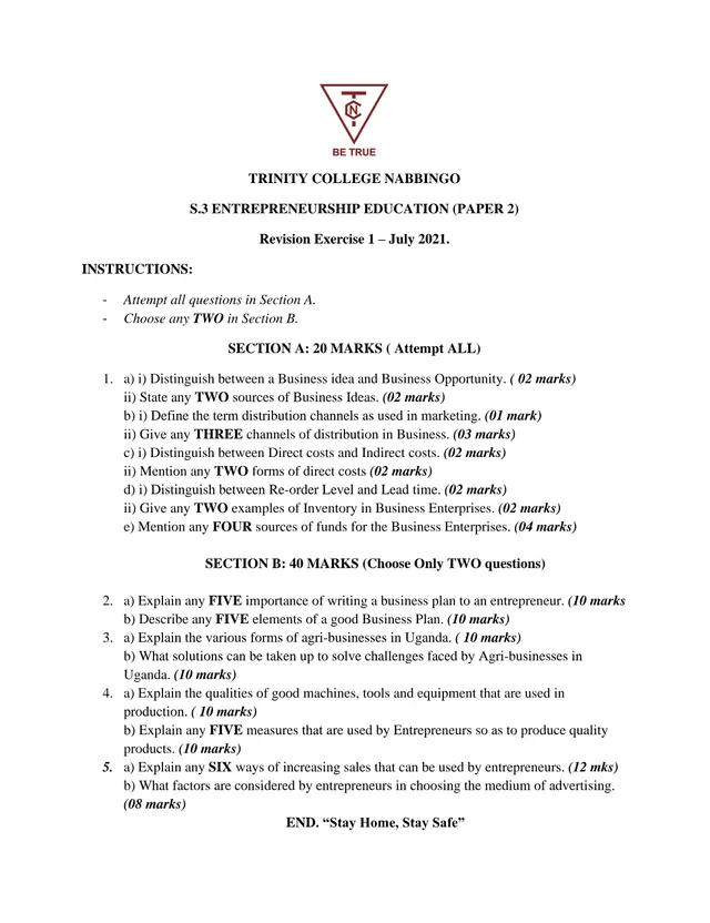 Cover of S3 Entrepreneurship Education Paper 2 Revision Exercise 1 – July 2021 (S3 Entrepreneurship Revision Material)
