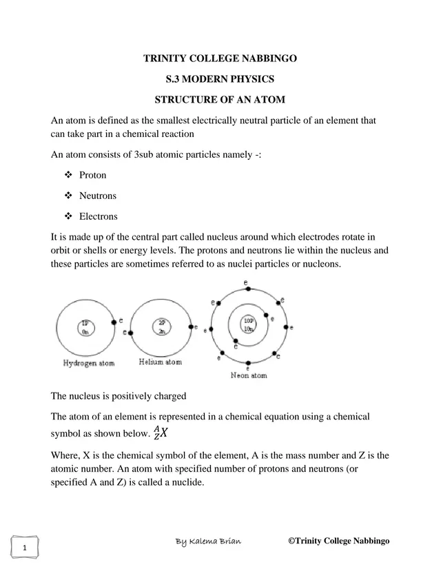 Cover of S3 Modern Physics: Structure of an Atom by Kalema Brian (S3 Physics Notes)