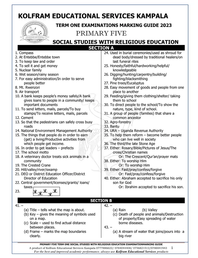 Cover of Kolfram P.5 SST with RE Term One Marking Guide 2023 (P5 Social Studies Past Paper)
