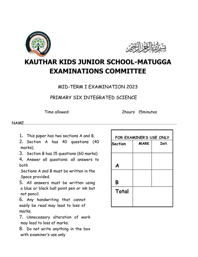 Cover of Kauthar Kids Junior School P6 Integrated Science Mid-Term I Exam 2023 (P5 Science Past Paper)