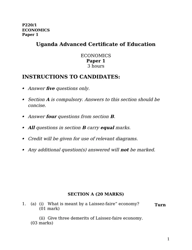 Cover of UACE Economics Paper 1 (P220/1) (S6 Economics Past Paper)