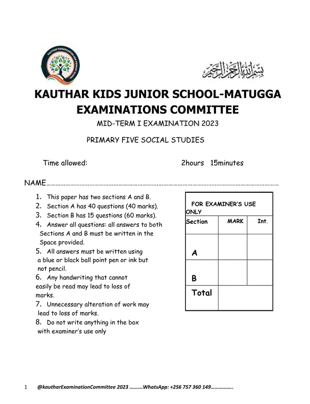 Cover of Primary 5 Social Studies Mid-Term I Examination 2023 – Kauthar Kids Junior School (P5 Social Studies Past Paper)