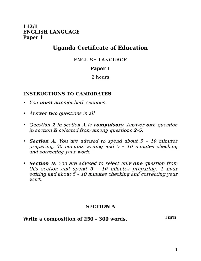 Cover of UCE English Language Paper 1 (112/1) – Composition Paper (S4 English Past Paper)