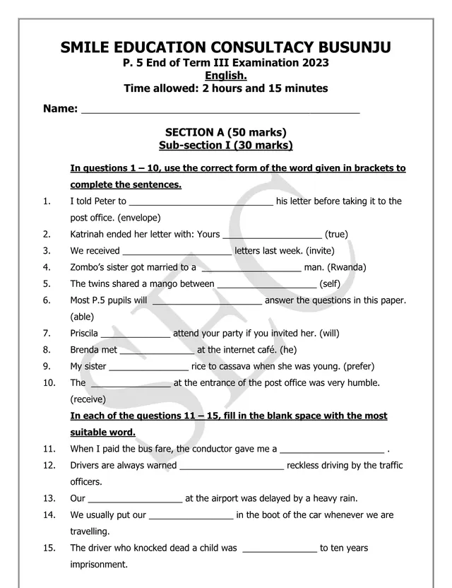 Cover of P.5 English End of Term III Examination 2023 – Smile Education Consultancy (P5 English Past Paper)