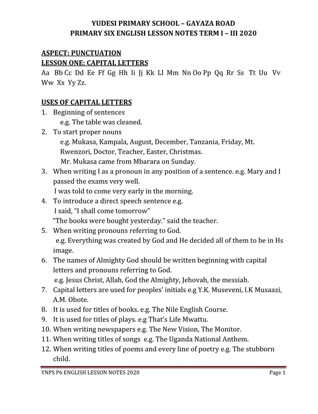 Cover of Primary Six English Lesson Notes 2020 – Yudesi Primary School (P5 English Notes)