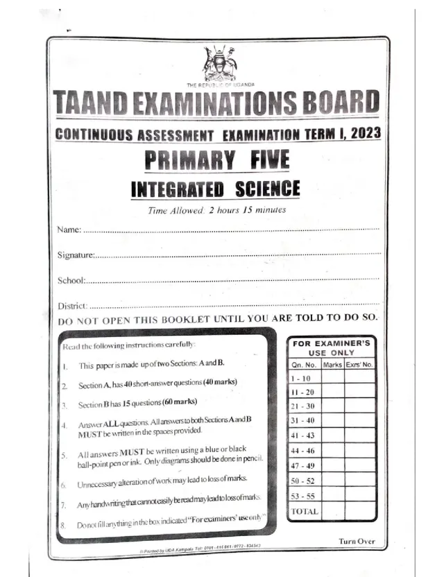 Cover of TAAND P5 Integrated Science End of Term 1 Exam 2023 with Marking Guide (P5 Science Past Paper)