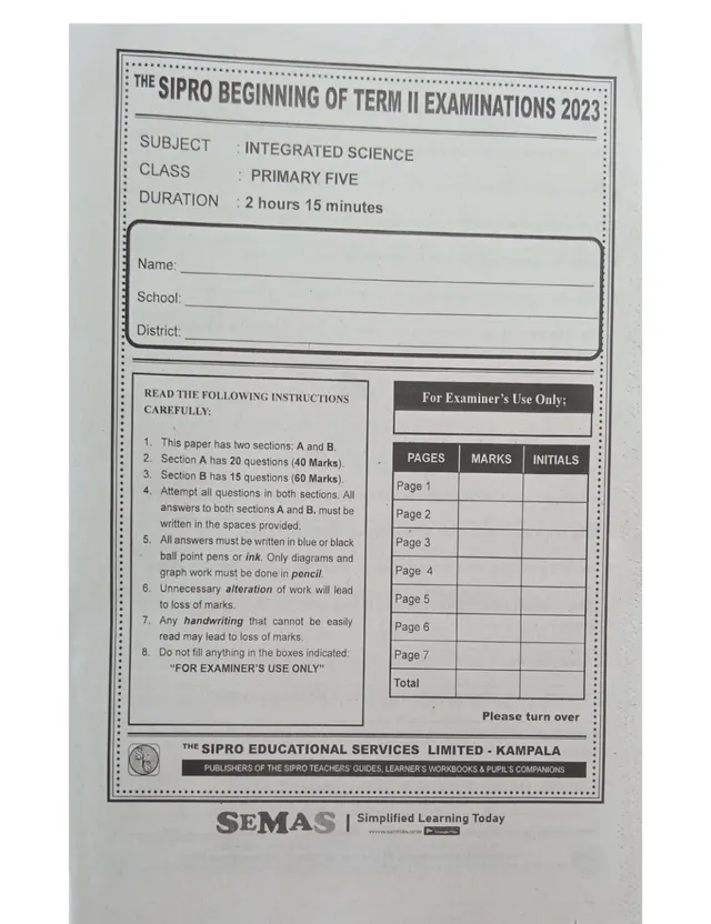 Cover of Primary 5 Integrated Science Beginning of Term Exam (Sipro) (P5 Science Past Paper)