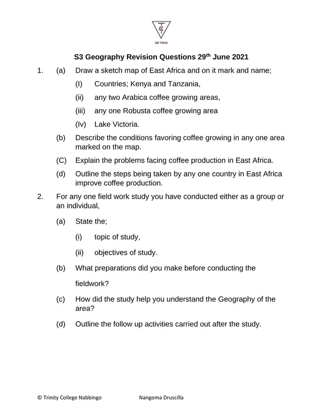 Cover of S3 Geography Revision Questions: Coffee Growing in East Africa and Fieldwork (June 2021) (S3 Geography Revision Material)