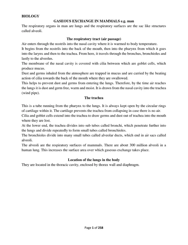 Cover of Senior 3 Biology Notes: Gaseous Exchange, Excretion and Osmoregulation (S3 Biology Notes)