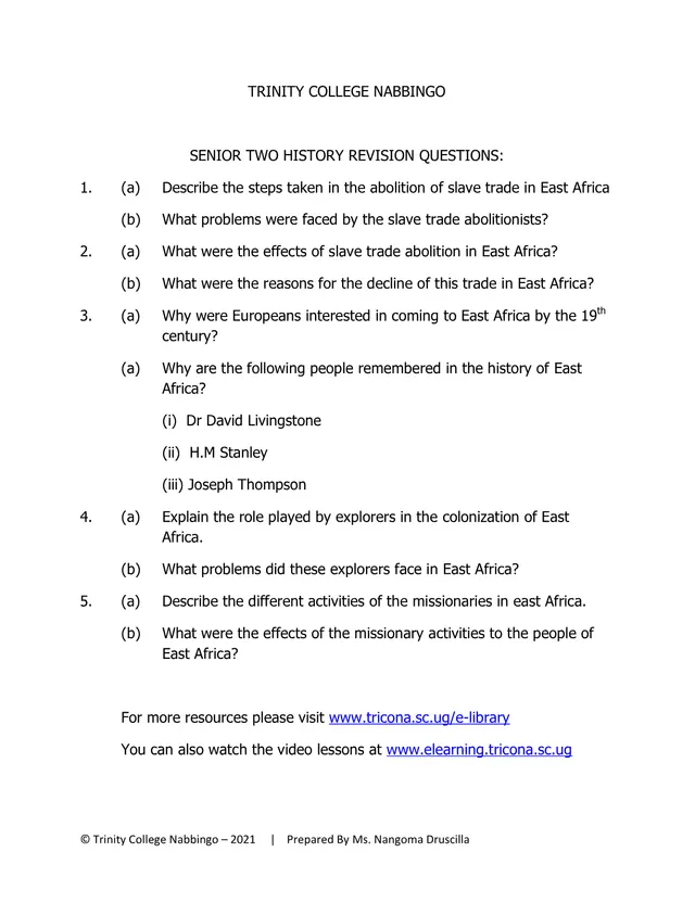Cover of Senior Two History Revision Questions: East Africa (S2 History Revision Material)