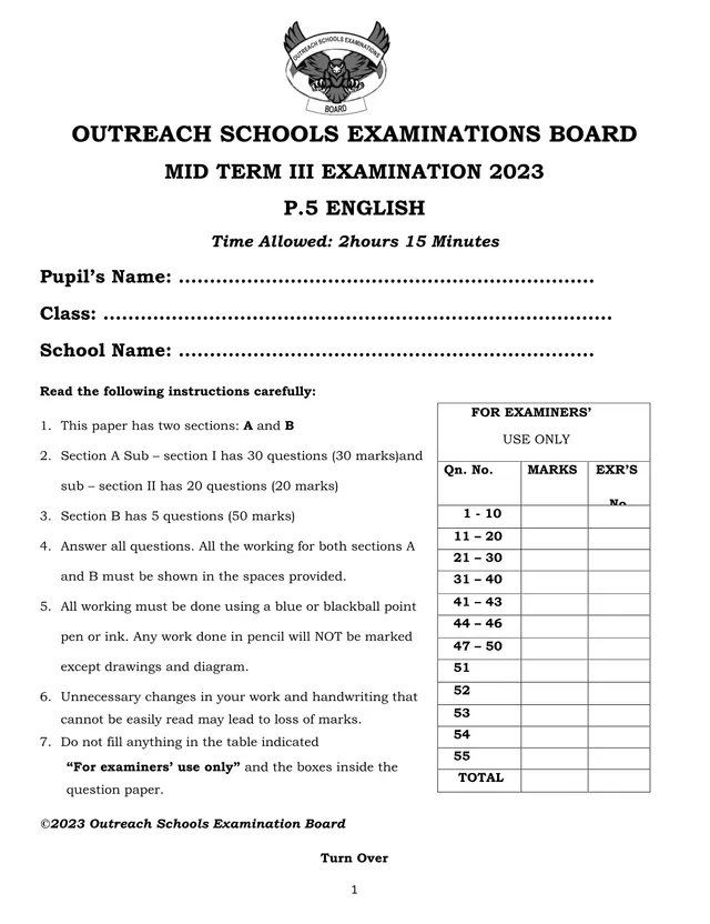 Cover of P.5 English Mid Term III Examination 2023 – Outreach Schools Examinations Board (P5 English Past Paper)